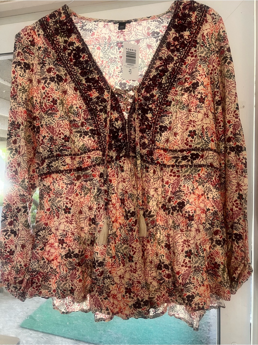 torrid Cream Floral Boho Tie-Front Tunic with Embroidered Yoke